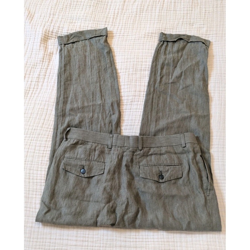 Stafford Mens 34x30 OG Sage Olive Green 100% Linen Baker Pants Pleated Cuffed